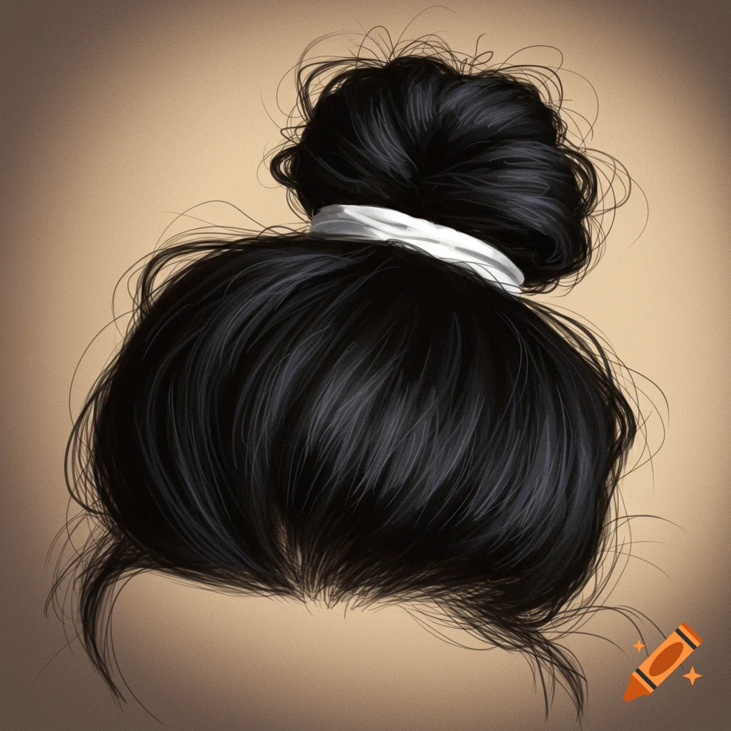 Illustration of messy black hair in a bun with a white band