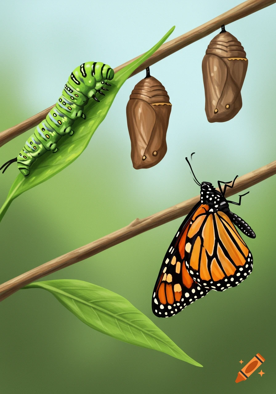 Illustration of a caterpillar, two chrysalises, and a monarch butterfly on a branch.