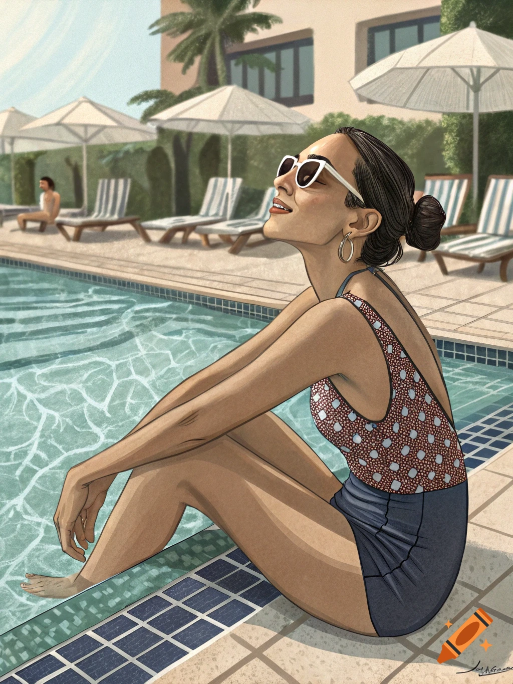 A woman in a vintage-style swimsuit sits by a pool, looking up. Stylized illustration.