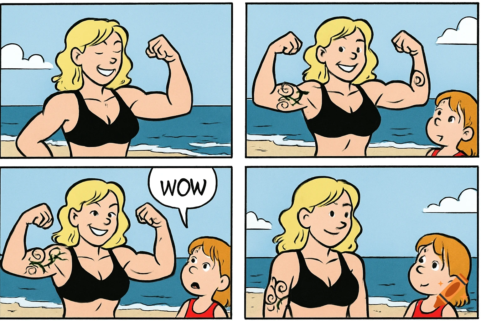 Cartoon comic strip of a muscular woman flexing at the beach while a child watches in awe.