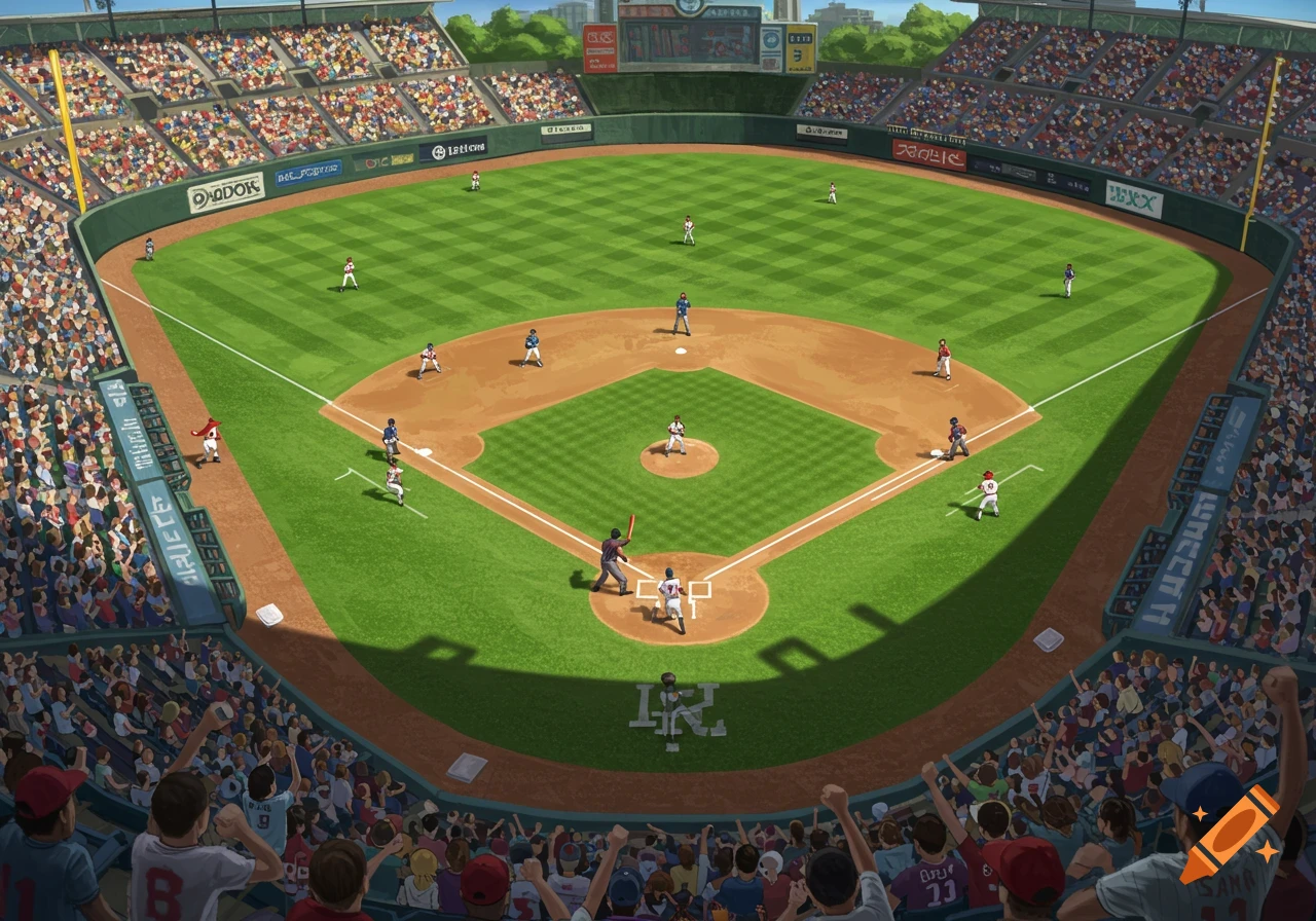 Baseball Games View A high-angle view of a baseball game being played in a stadium with ...