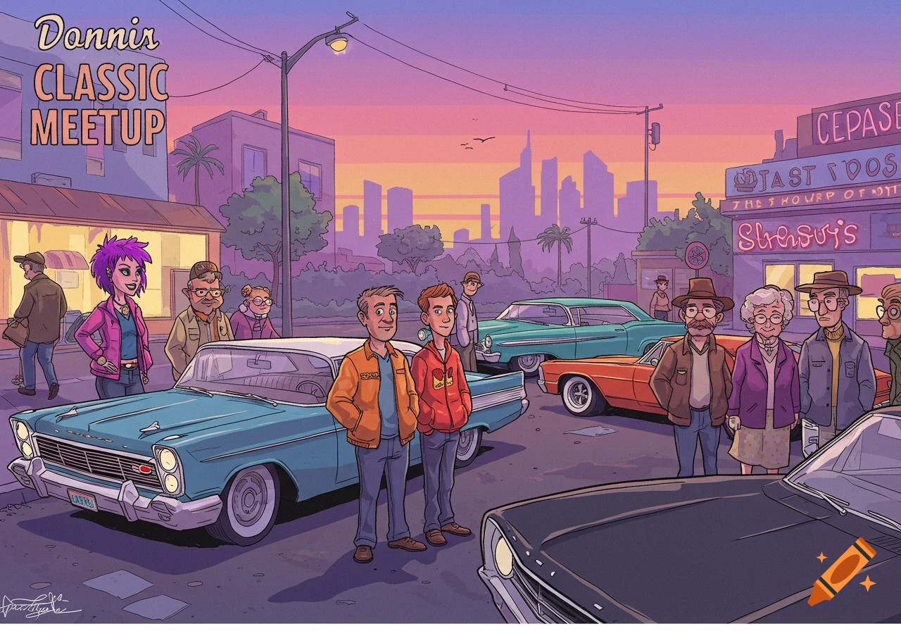 Cartoon illustration of a classic car meetup on a street with people standing around at sunset.