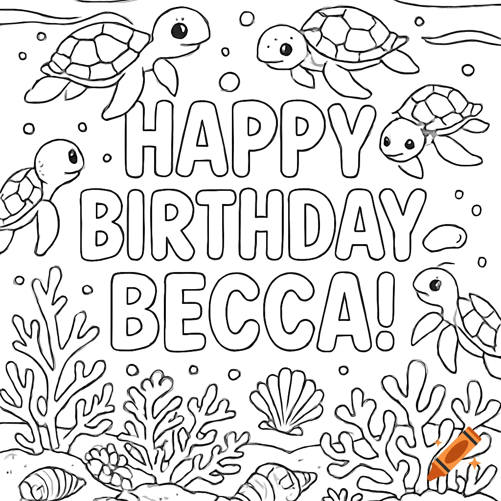 Black and white coloring page of sea turtles, coral, and shells with the text 'Happy Birthday Becca!'