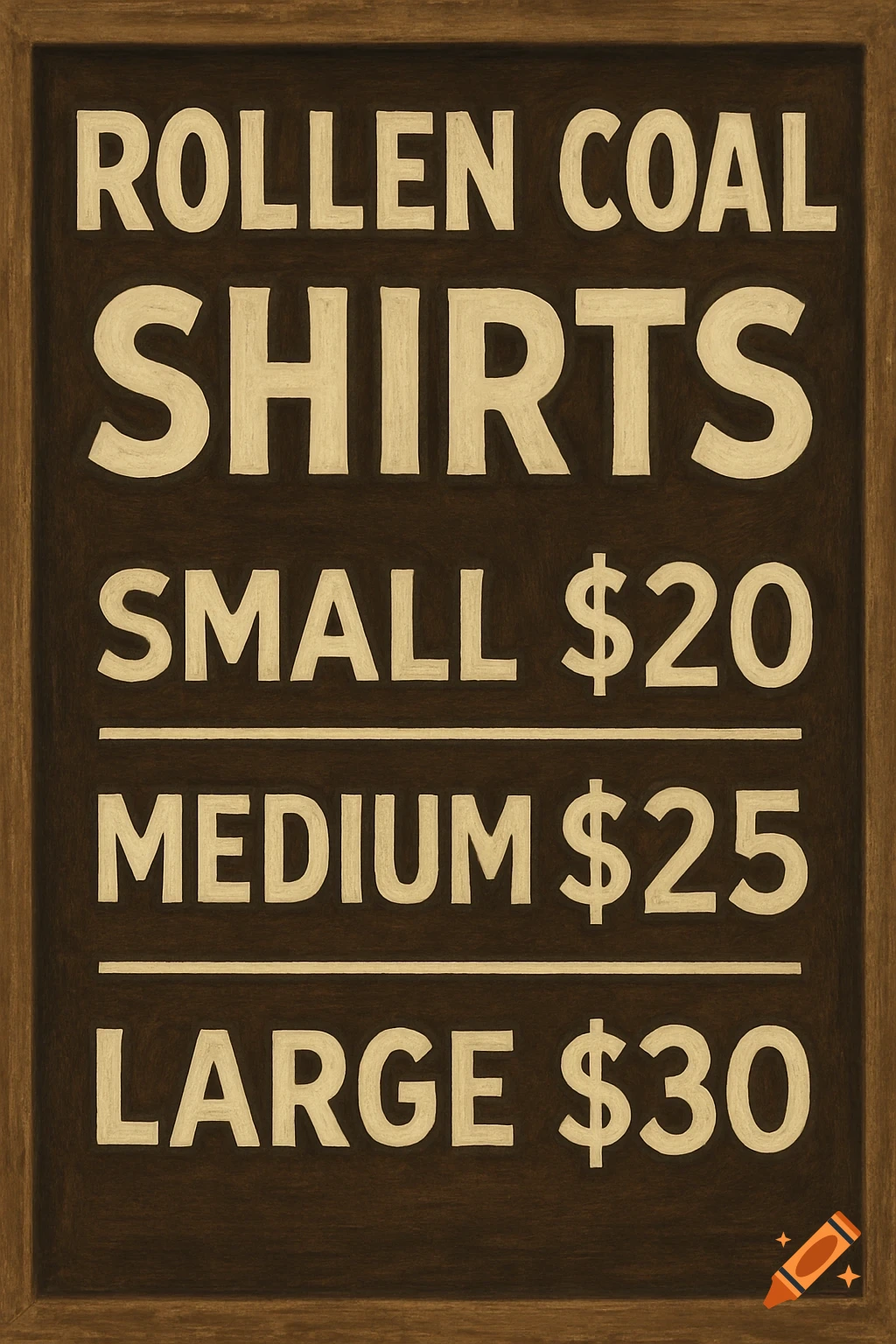 A sign listing prices for Rollen Coal Shirts: Small $20, Medium $25, Large $30.