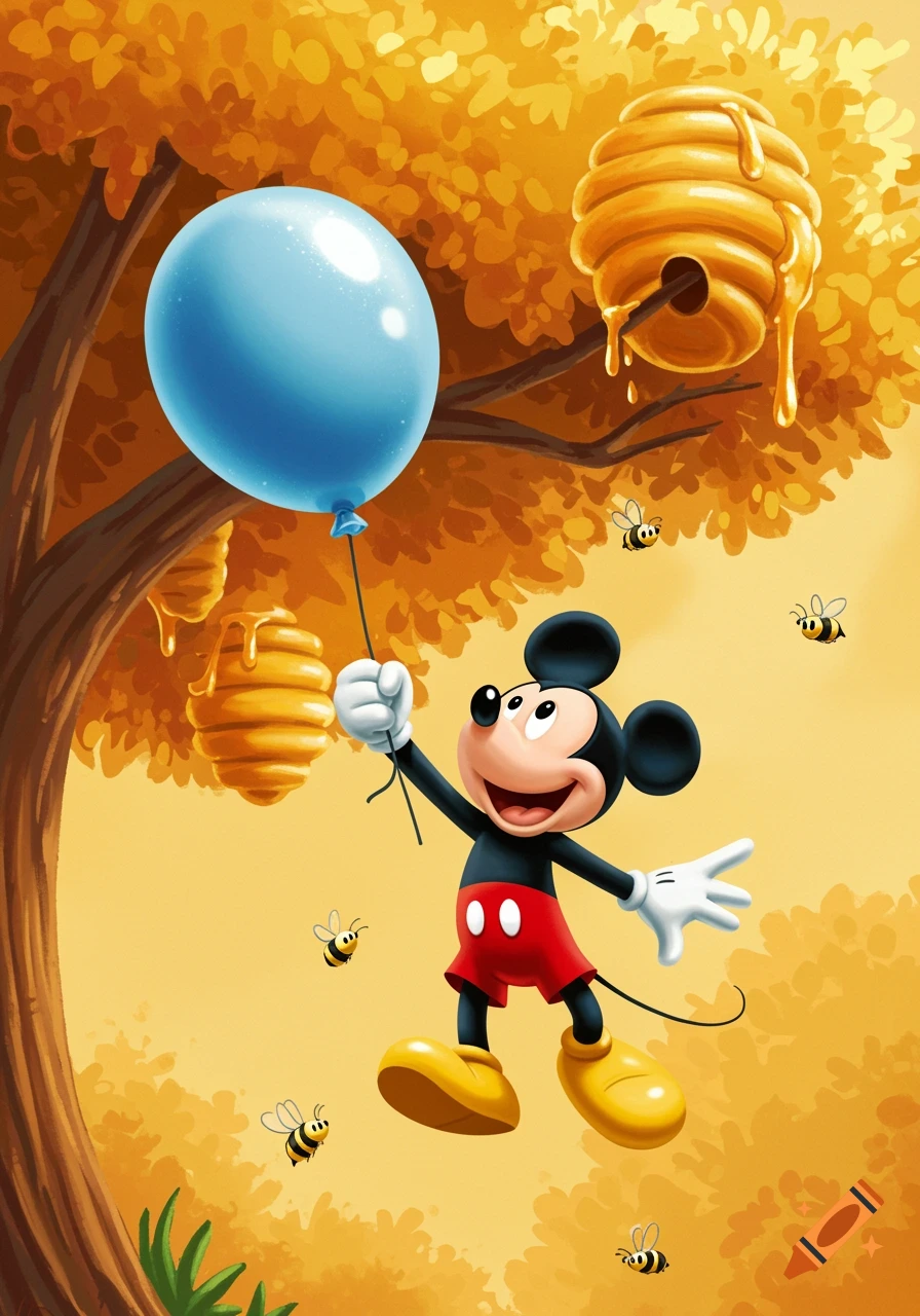 Mickey Mouse holds a blue balloon near beehives as bees fly around in an illustration.