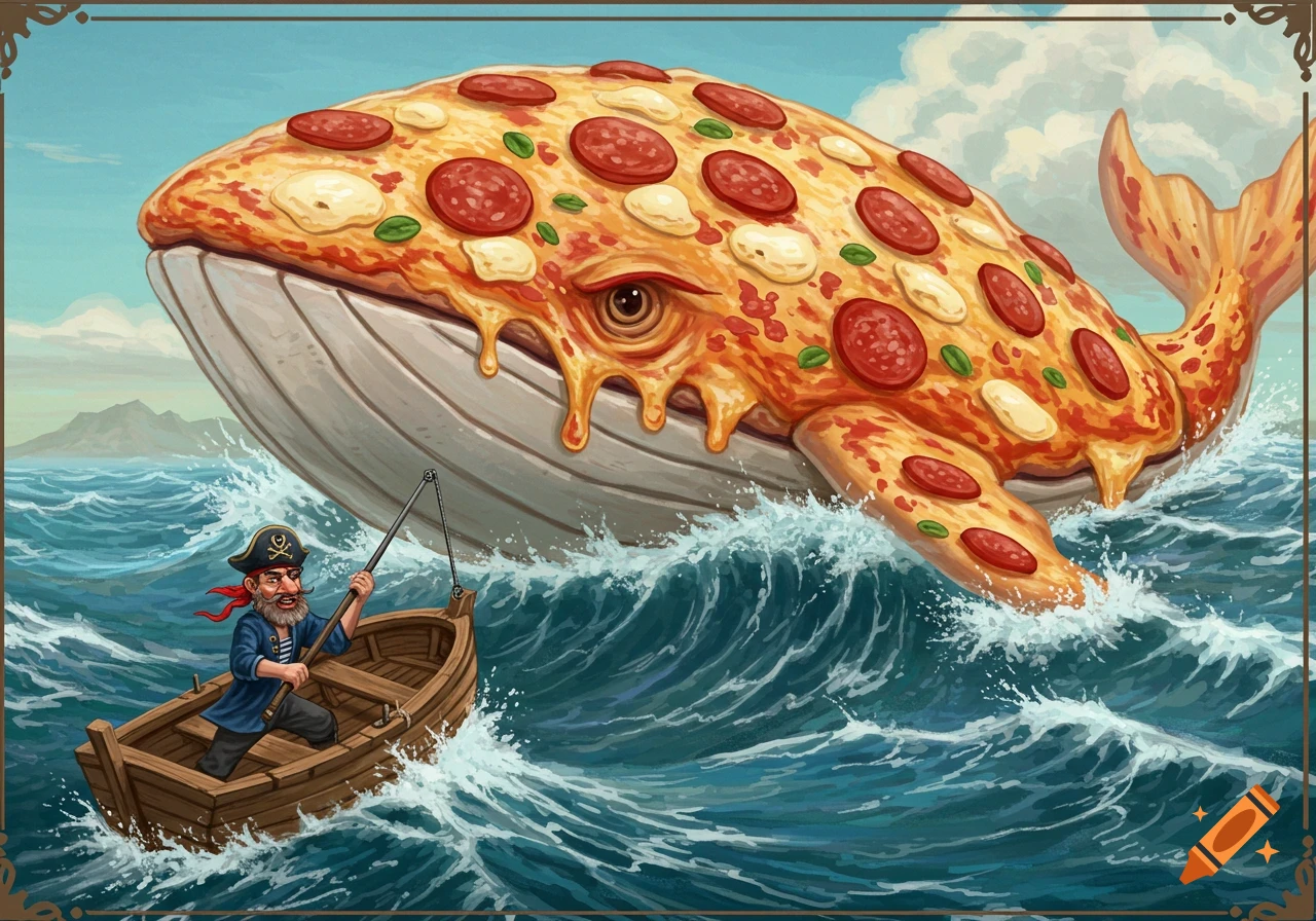 Illustration of a pirate fishing from a small boat near a giant whale made of pizza in the ocean.