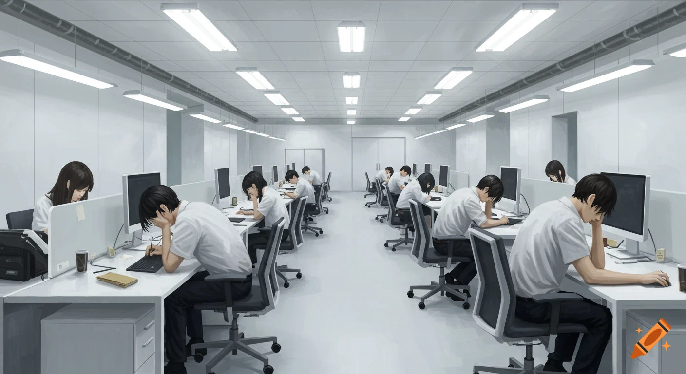 Workers seated at desks in a brightly lit, sterile office.