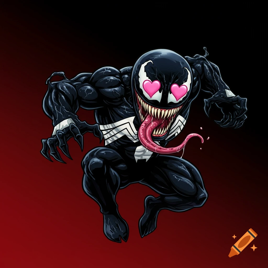Cartoon Venom with pink heart eyes and tongue sticking out.