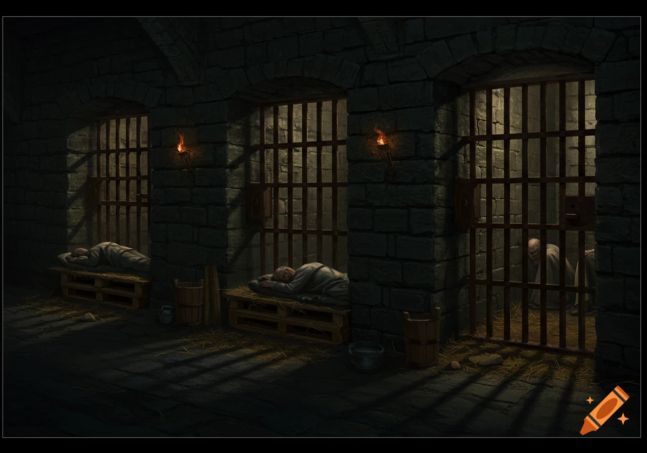 Three prisoners lie on pallets in dark medieval castle cells.