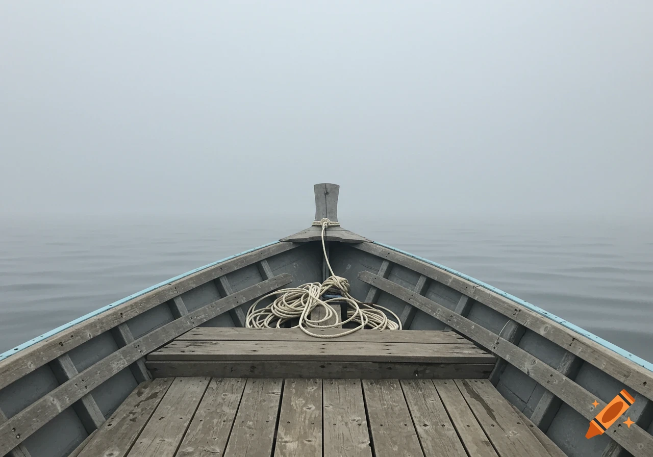 View from inside a boat looking out into a foggy sea.