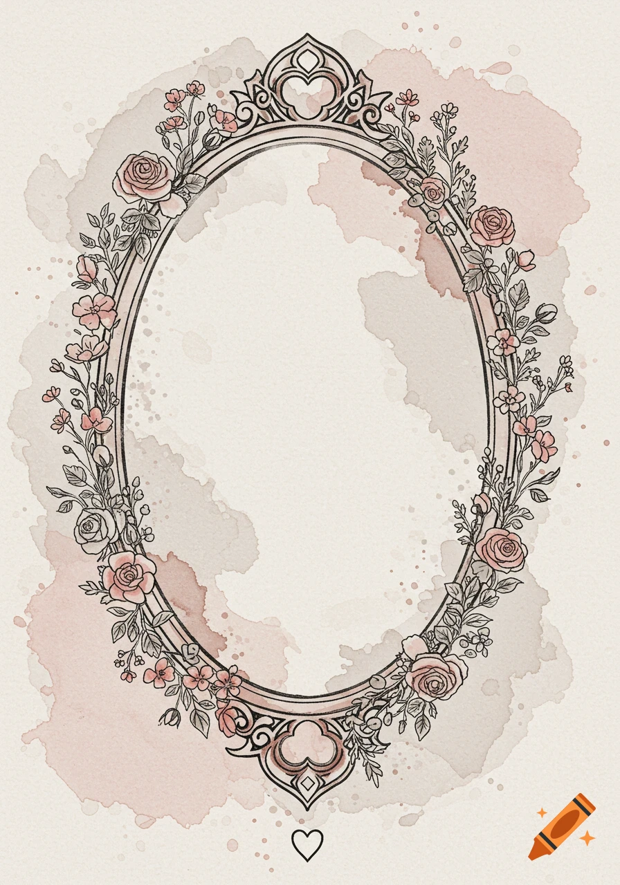 Oval frame with floral line art and pink watercolor background, featuring a small heart at the bottom.