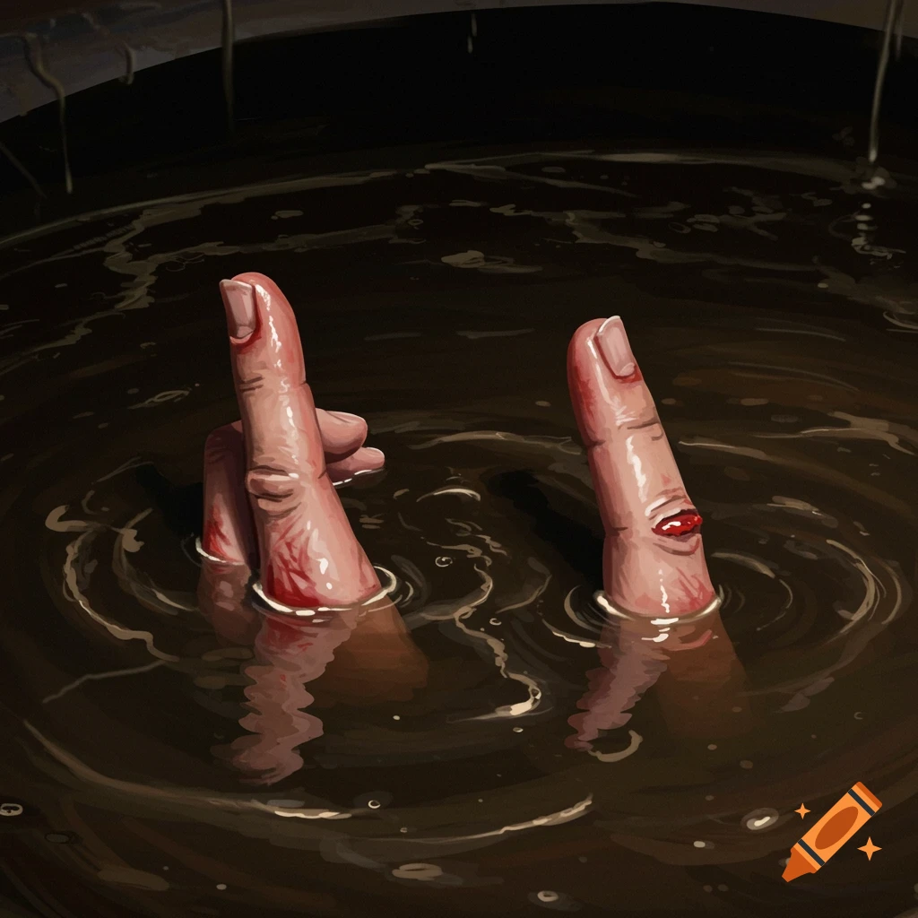 Two injured fingers protrude from dark, murky water, illustrative style.