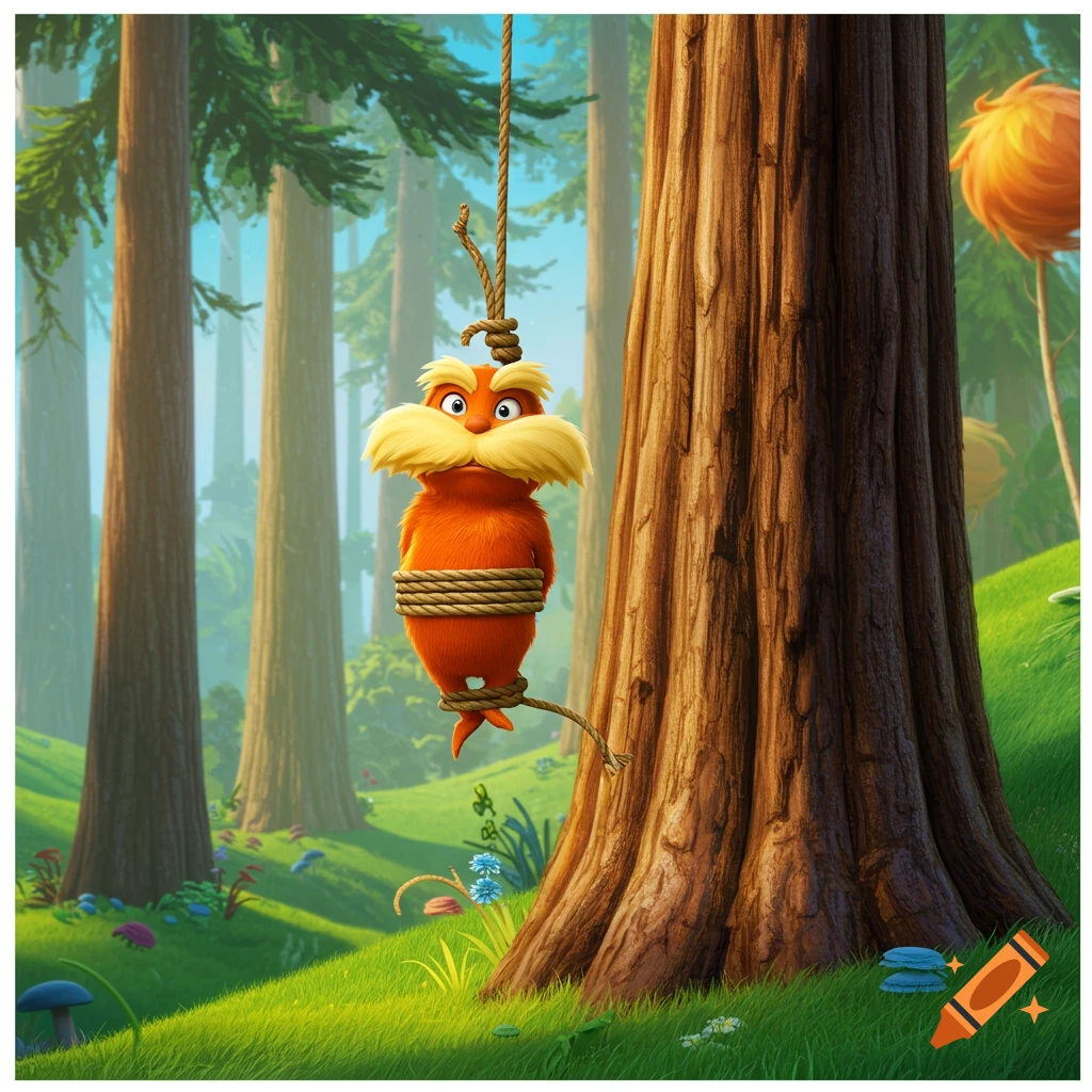 The Lorax character bound by rope and hanging from a tree in a forest