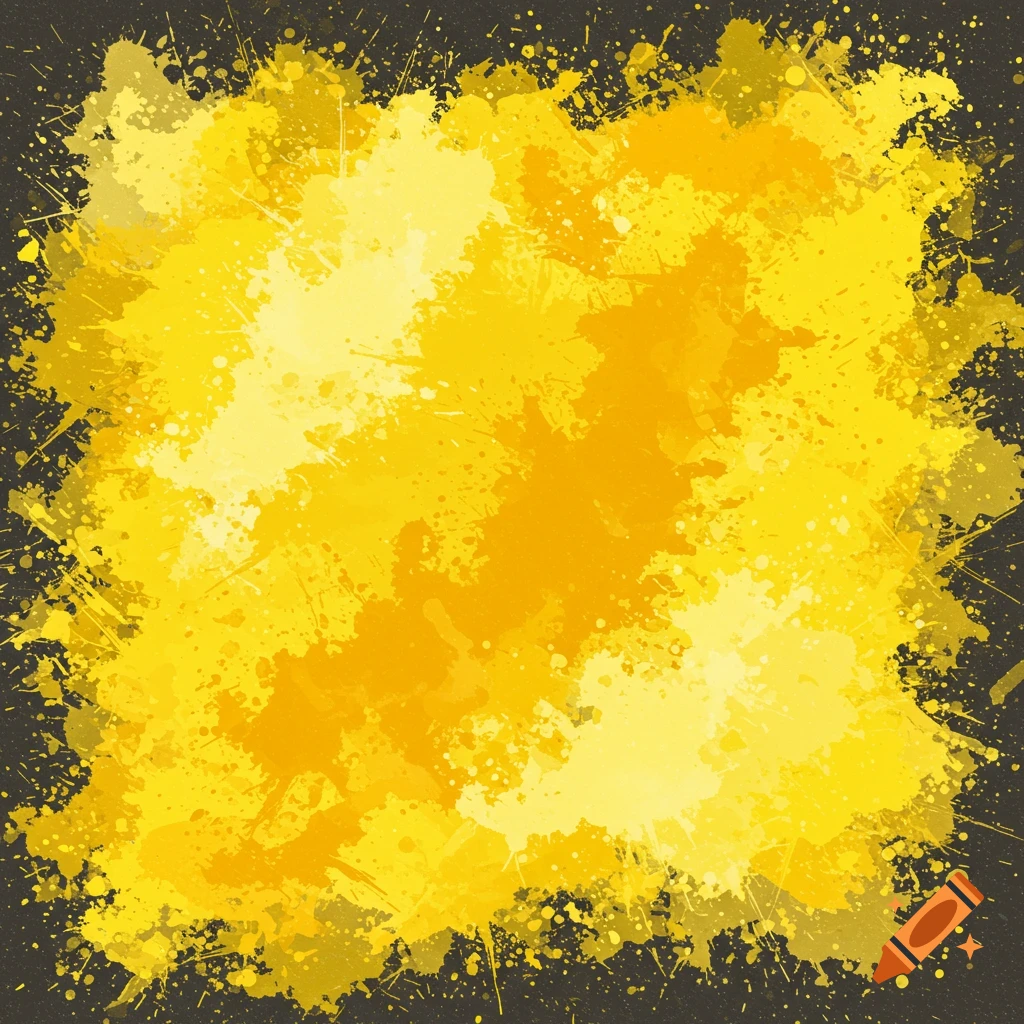 Yellow and orange paint splatters on a dark background.
