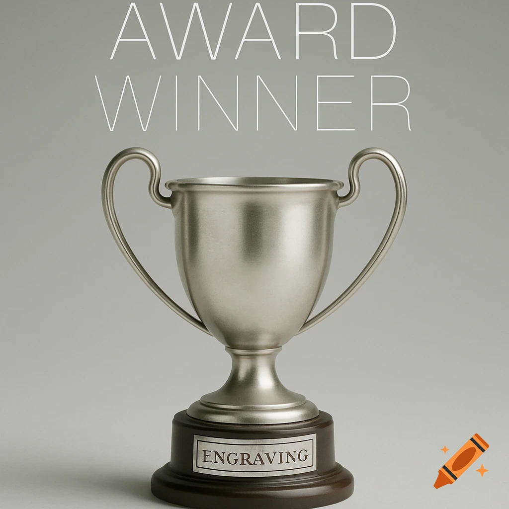 A silver trophy with 'AWARD WINNER' text above and 'ENGRAVING' on the base.