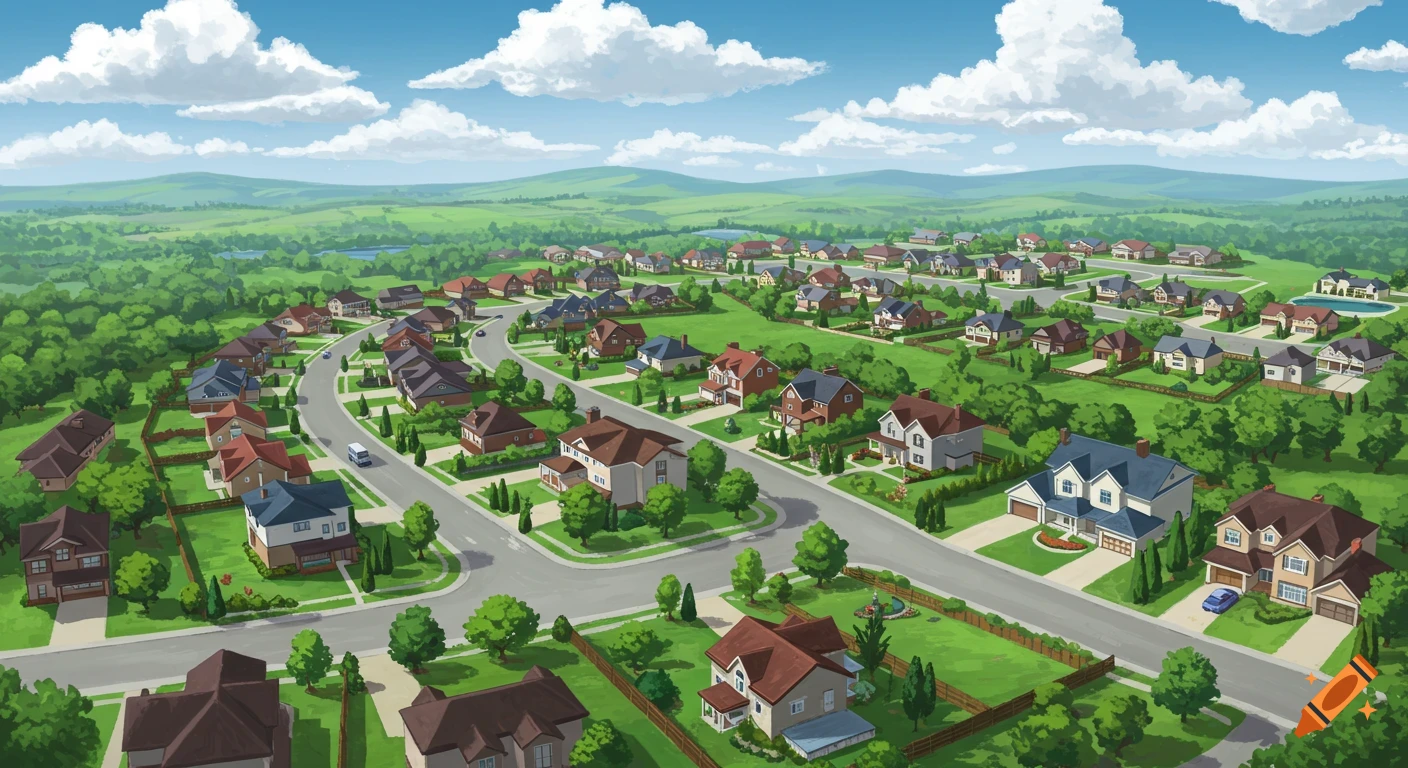 Aerial view of a cartoon suburban neighborhood with houses, streets, green hills, and blue sky.
