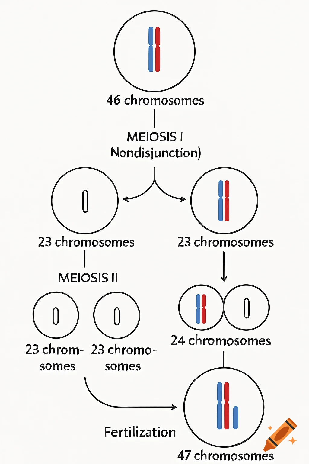 Diagram illustrating nondisjunction during Meiosis I leading to trisomy after fertilization.