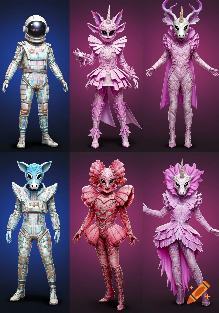 Six figures in detailed, colorful costumes, including an astronaut, fantasy creatures, and ruffled characters.