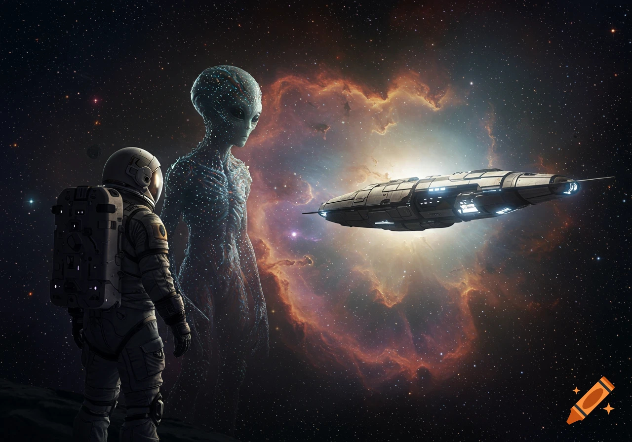 An astronaut meets a tall alien in space with a spaceship nearby.