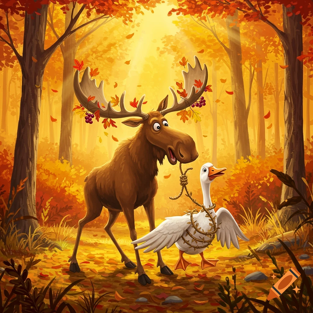 A cartoon moose stands next to a goose tied with rope and vines in a sunny autumn forest.