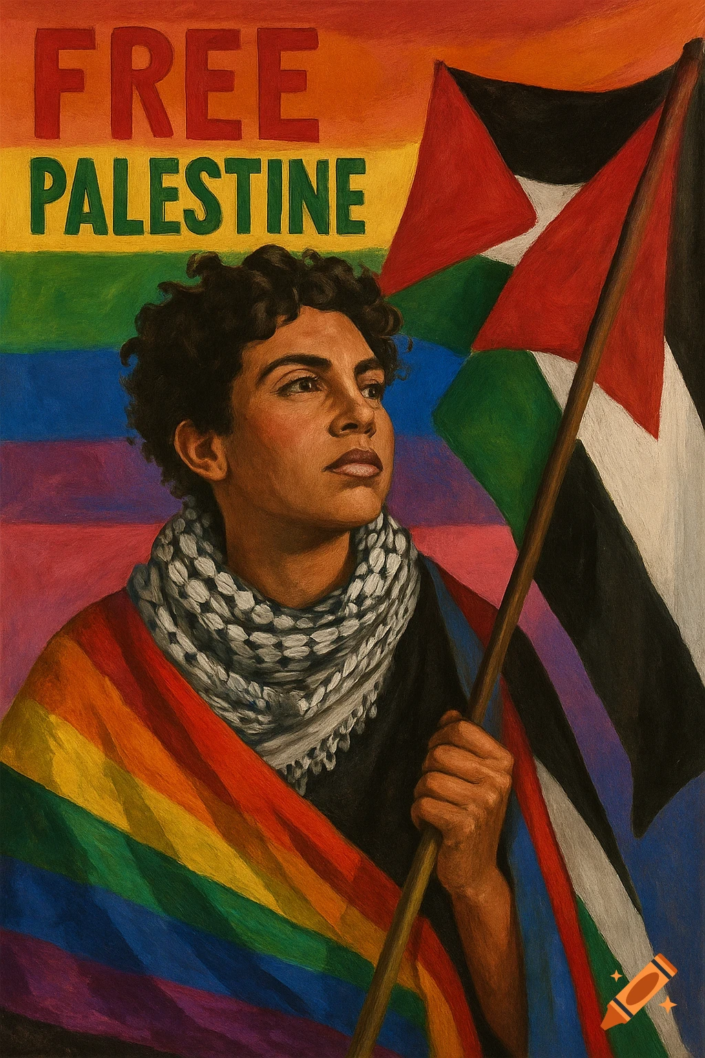 A person holds a Palestinian flag while draped in a rainbow flag. Text above reads 'FREE PALESTINE'.