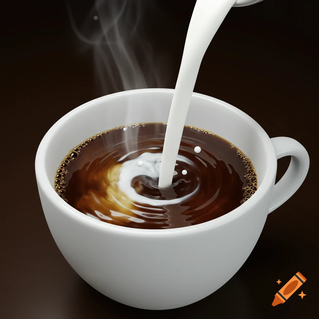 Milk being poured into a cup of coffee, creating swirls.