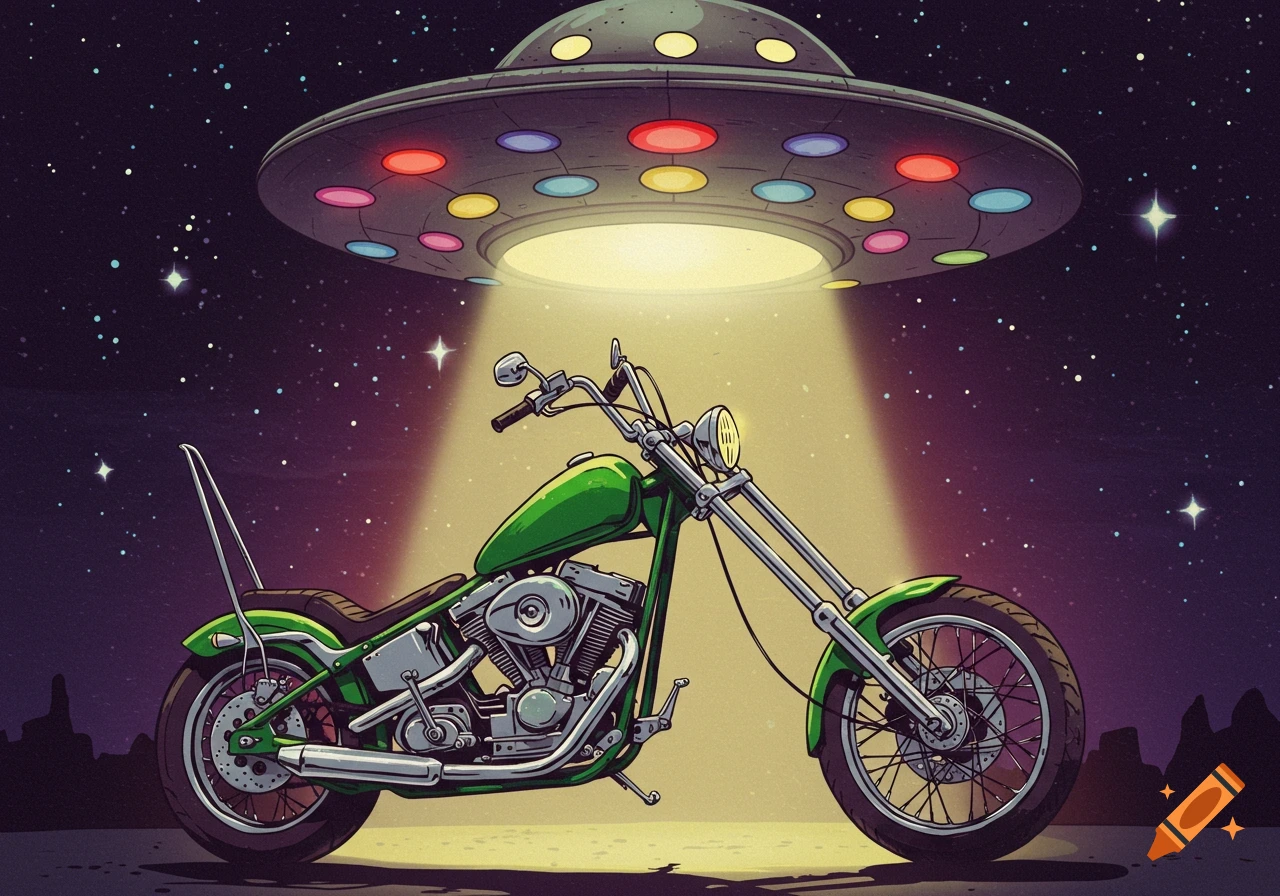 Green chopper motorcycle being beamed up by a UFO in space, illustration style.