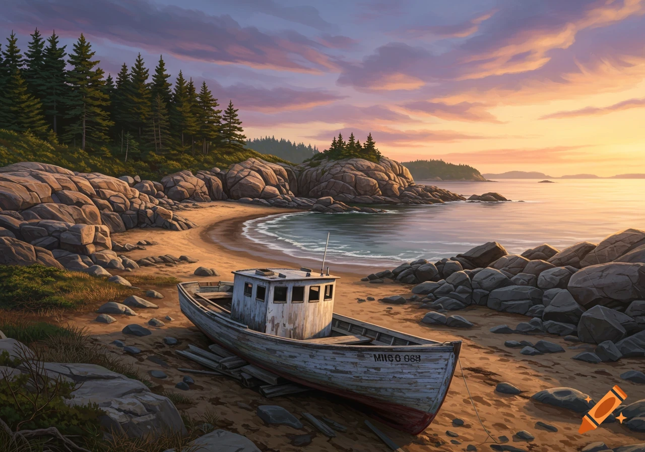 Old boat sits on a sandy, rocky beach at sunset with pine trees and ocean in the background. Illustration style.