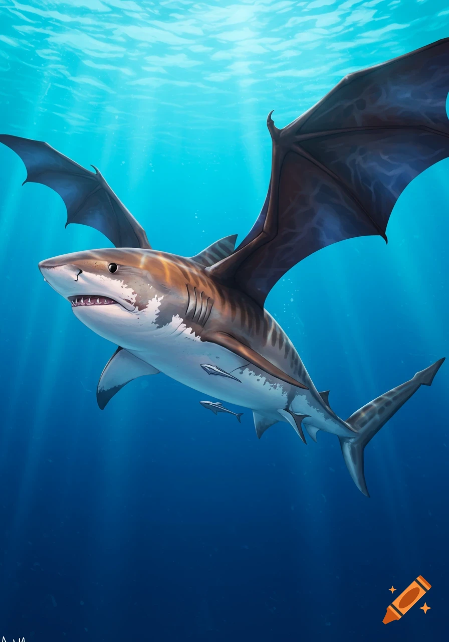 A tiger shark with large bat wings swims underwater with sun rays filtering down.