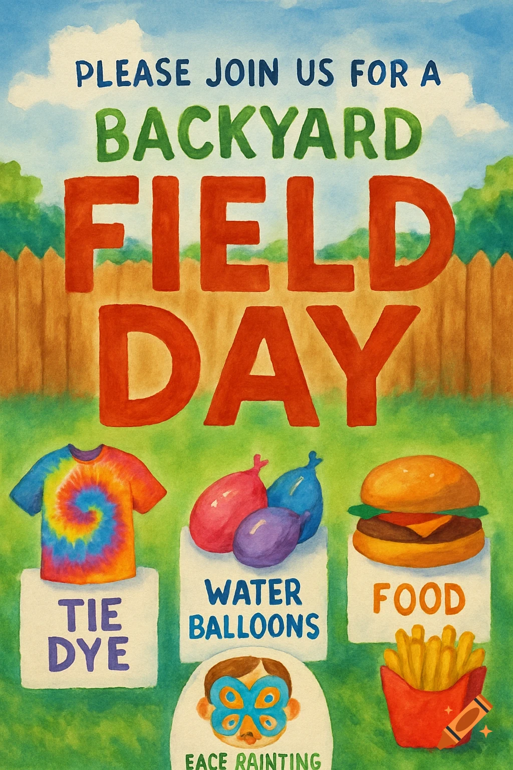 Watercolor illustration for a Backyard Field Day invitation listing activities like tie dye, water balloons, face painting, and food.