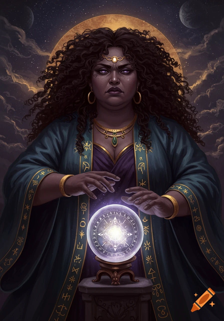 A dark-haired oracle in a green robe gazes intensely while holding hands over a glowing crystal ball. Stars, clouds and moons are in the background.