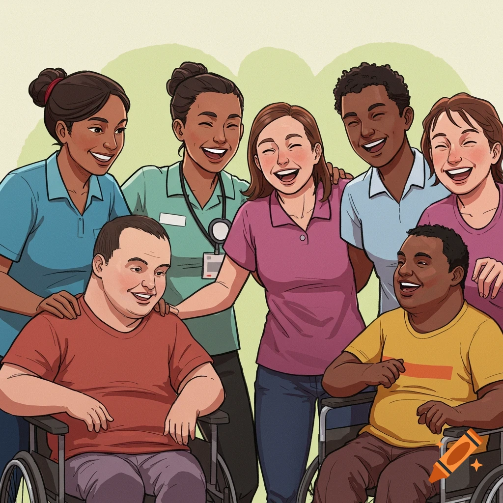 Illustration of a diverse group including support workers and people in wheelchairs laughing together.