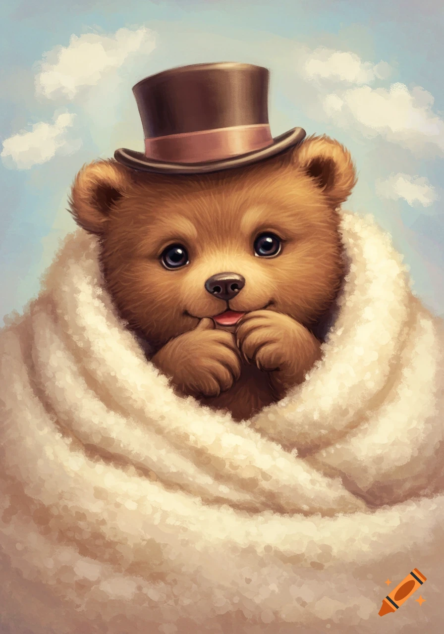 Cute illustration of a baby bear cub in a top hat, wrapped in a blanket, sucking its thumb.