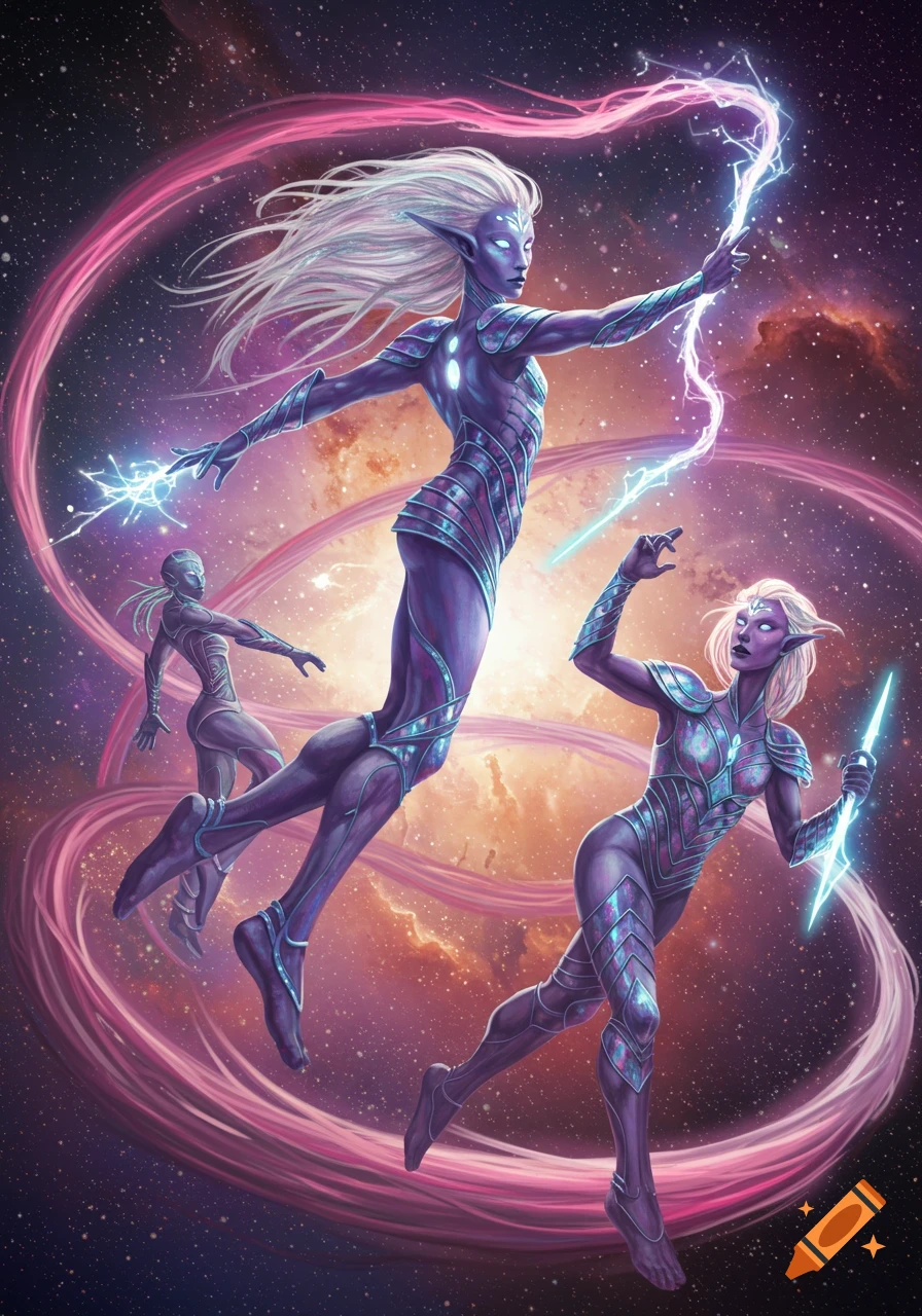 Fantasy space warriors with energy effects flying in space