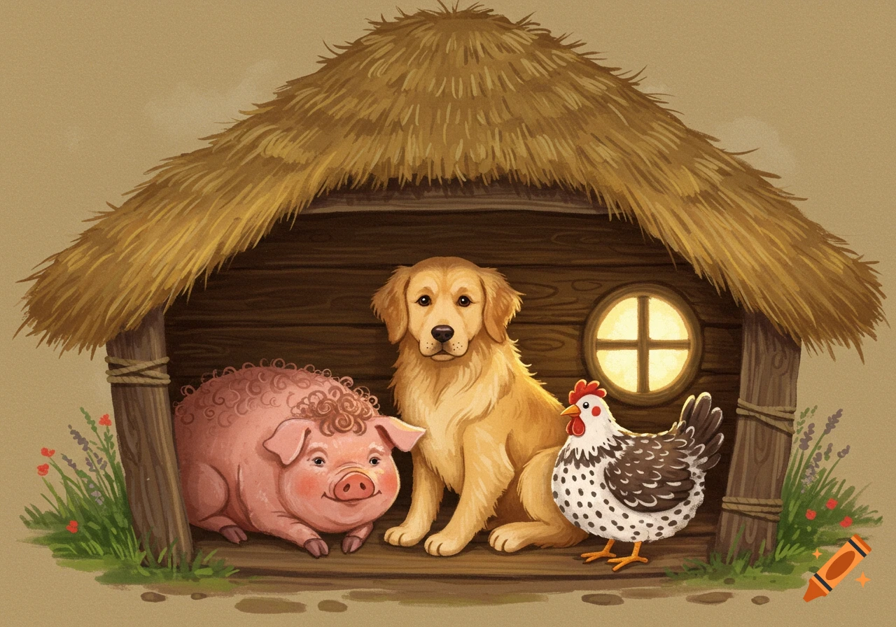 An illustration of a pig, golden retriever dog, and chicken sitting inside a thatched hut.