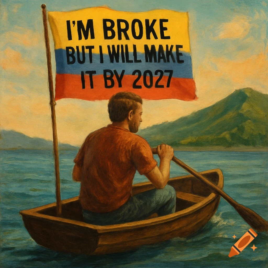 Painting of a man rowing a boat with a flag that says "I'm broke but I will make it by 2027"