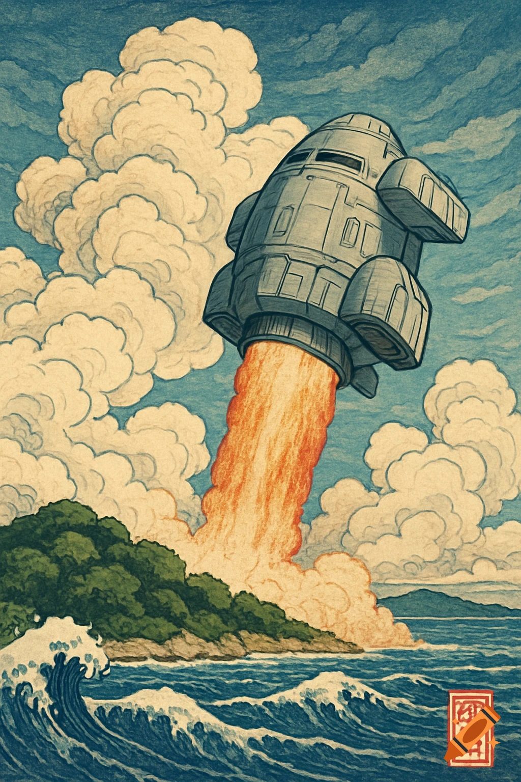 A rocket lifts off from an island in a Japanese woodblock print style, with stylized waves and clouds.