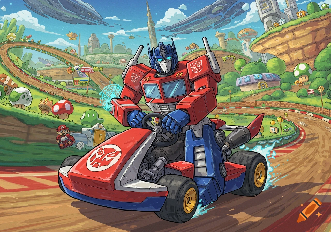 Optimus Prime drives a kart on a Mario Kart track with Mario characters and items in the background, in a cartoon style.