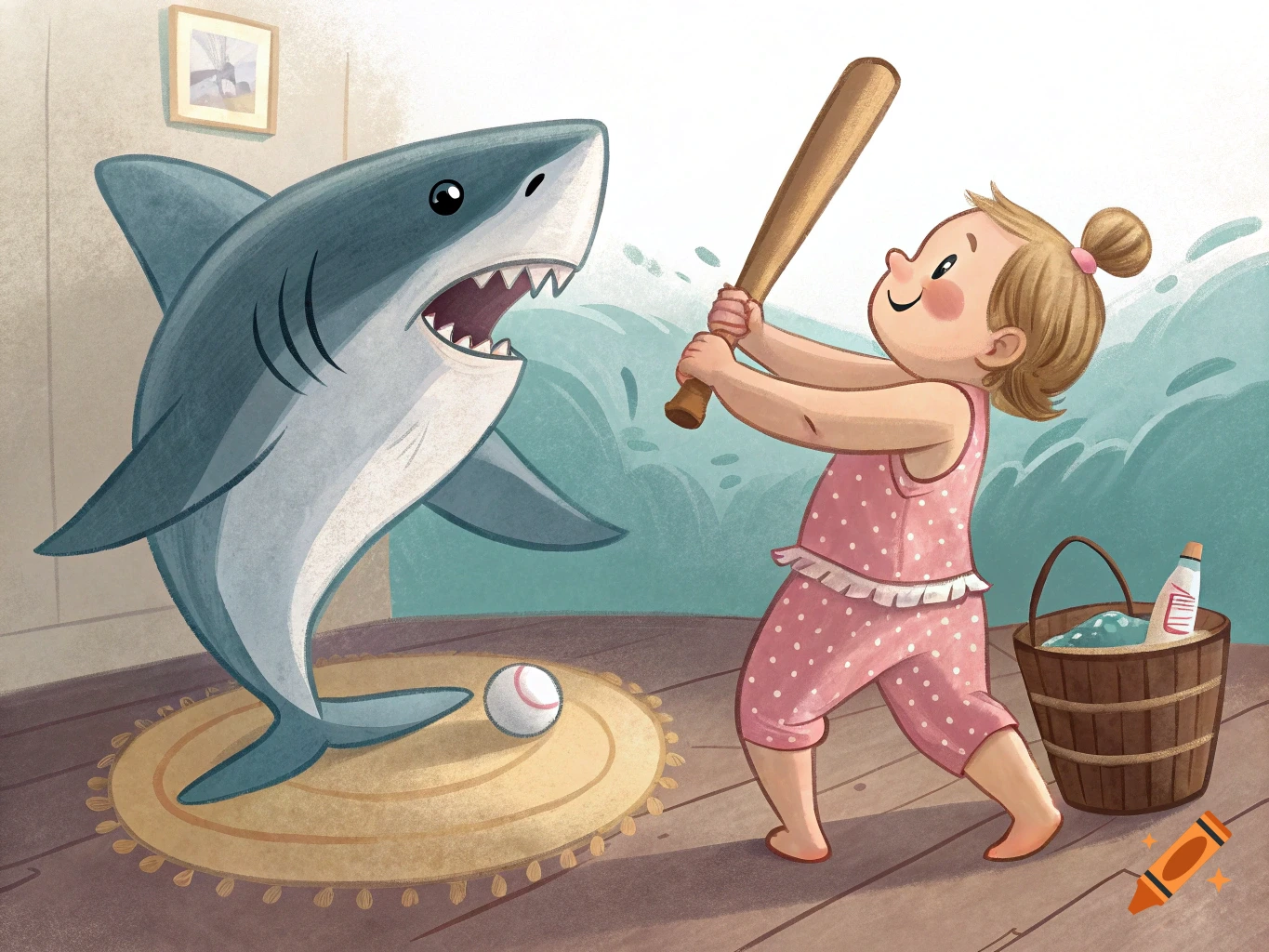 Cartoon illustration of a little girl playing baseball with a shark indoors.