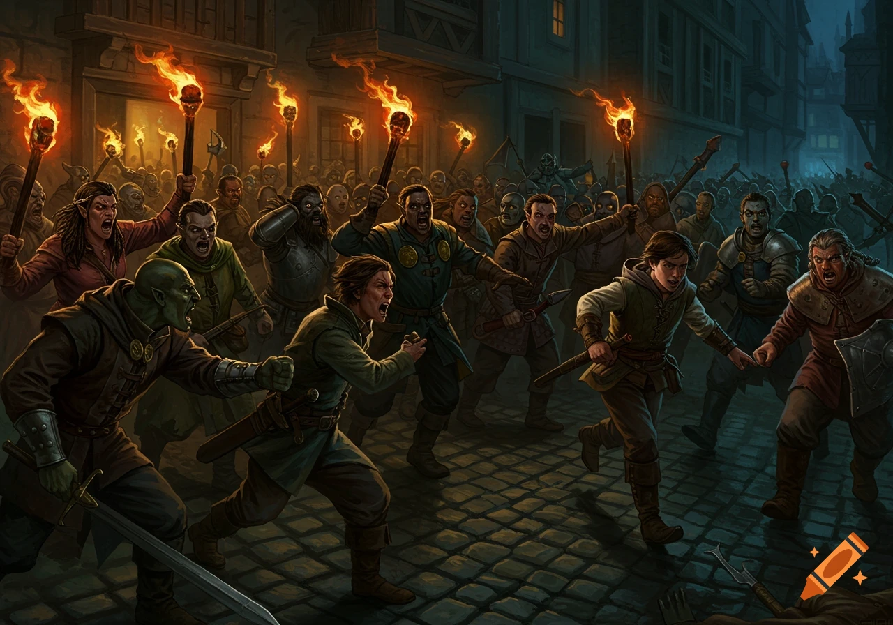 Angry fantasy mob with torches chases figures through a dark street, digital painting.