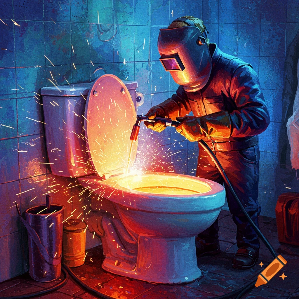 A welder in a mask sparks flying welds a toilet in a bathroom, painted style.