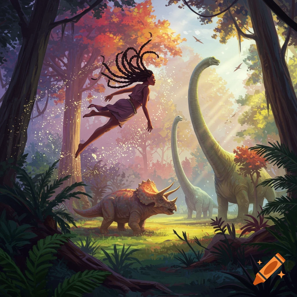 A person floats in a prehistoric forest with dinosaurs