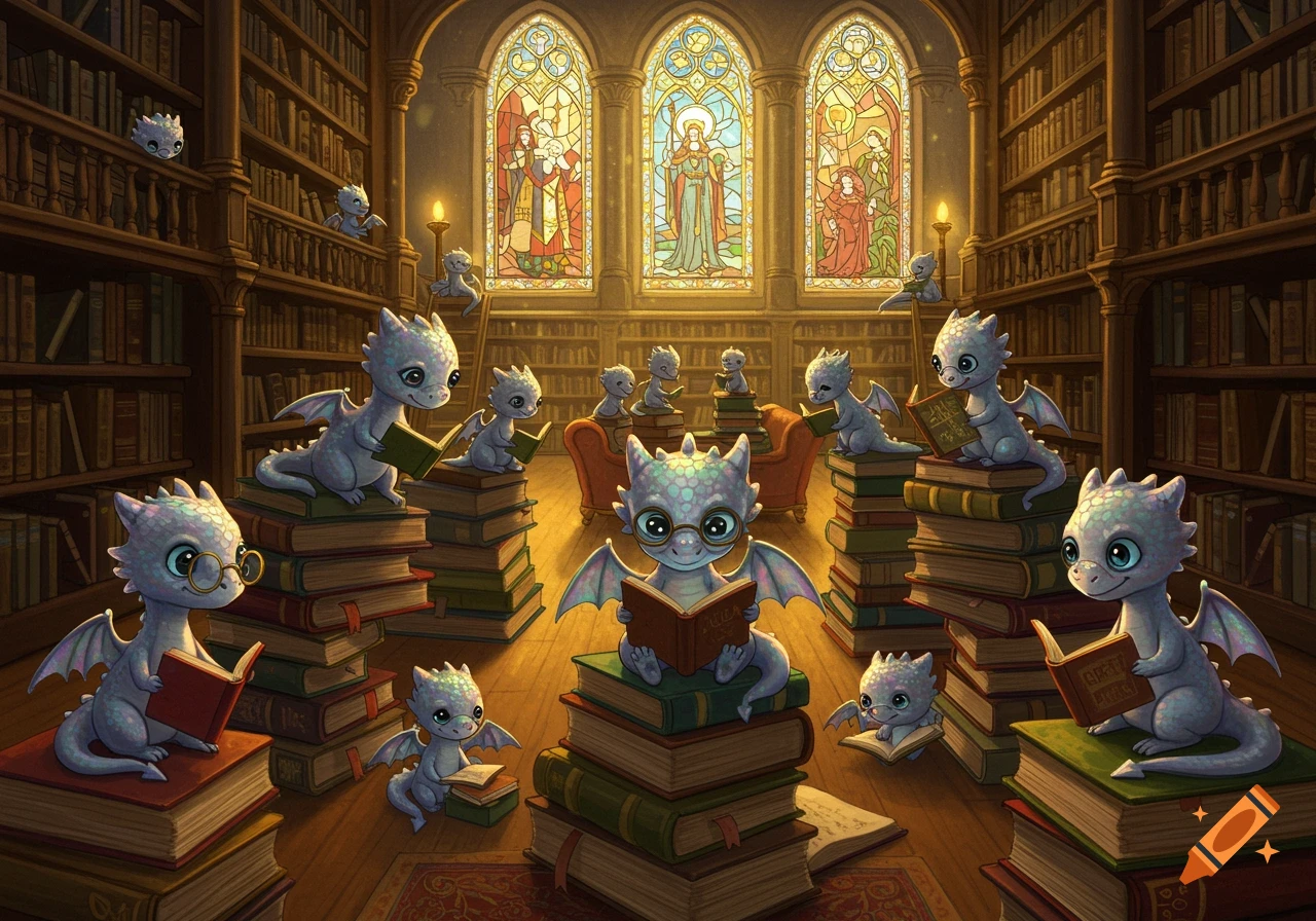 Cute baby dragons read books atop stacks in a grand library with stained glass windows.