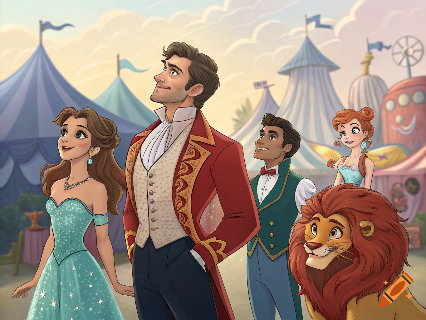 Cartoon illustration of circus characters and a lion under tents.
