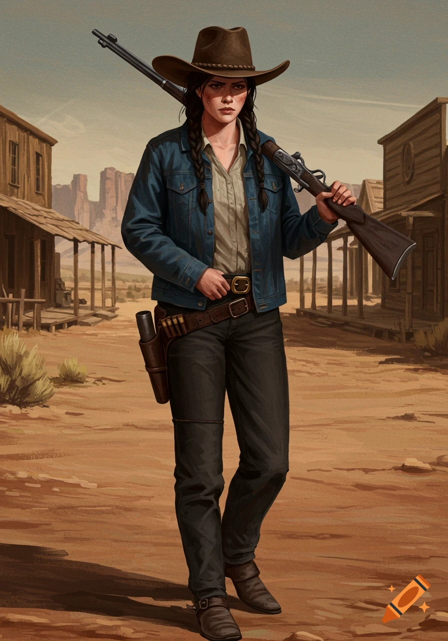 Illustration of a cowgirl in a Western town street holding a rifle over her shoulder.