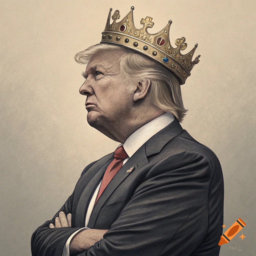 Portrait of Donald Trump wearing a golden crown and suit, arms crossed.