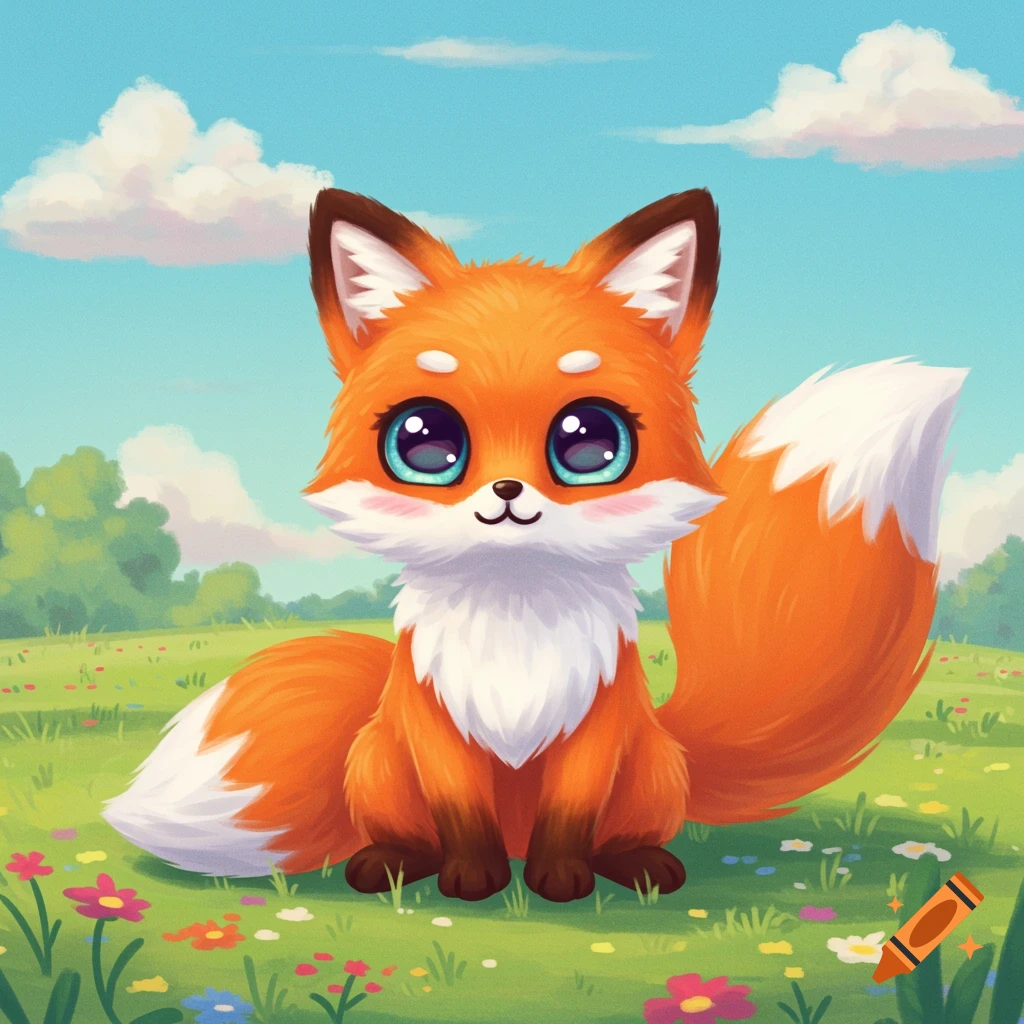 Cute cartoon fox sitting in a grassy field with flowers.