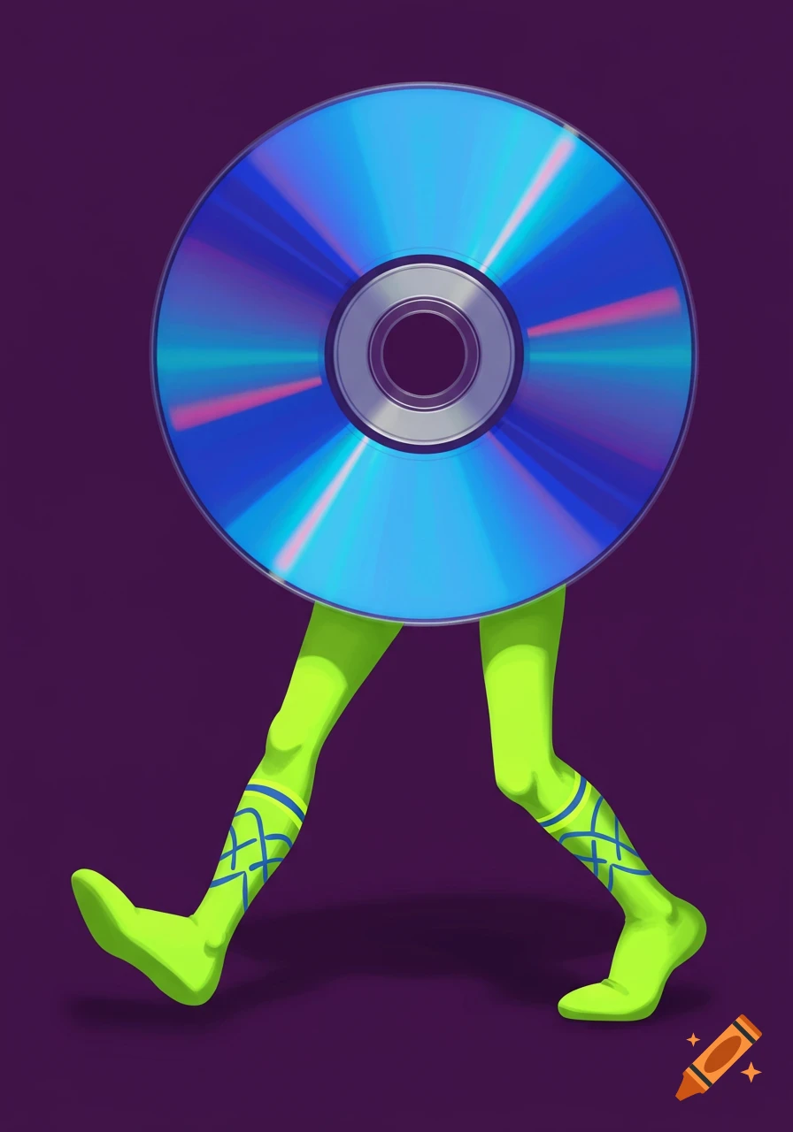 A CD with bright green legs walking across a purple background.