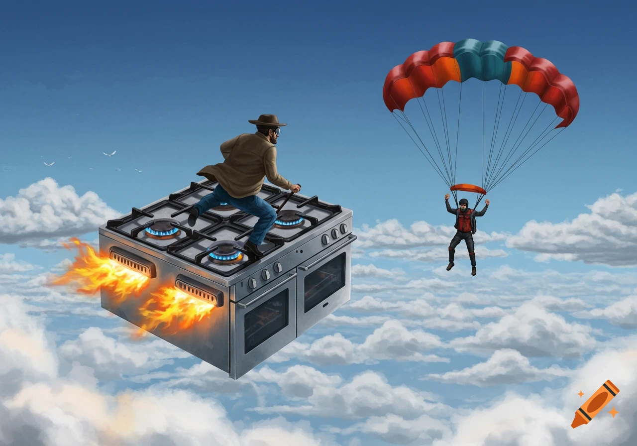 A man rides a flying gas stove next to a parachuting man in the sky, illustration.