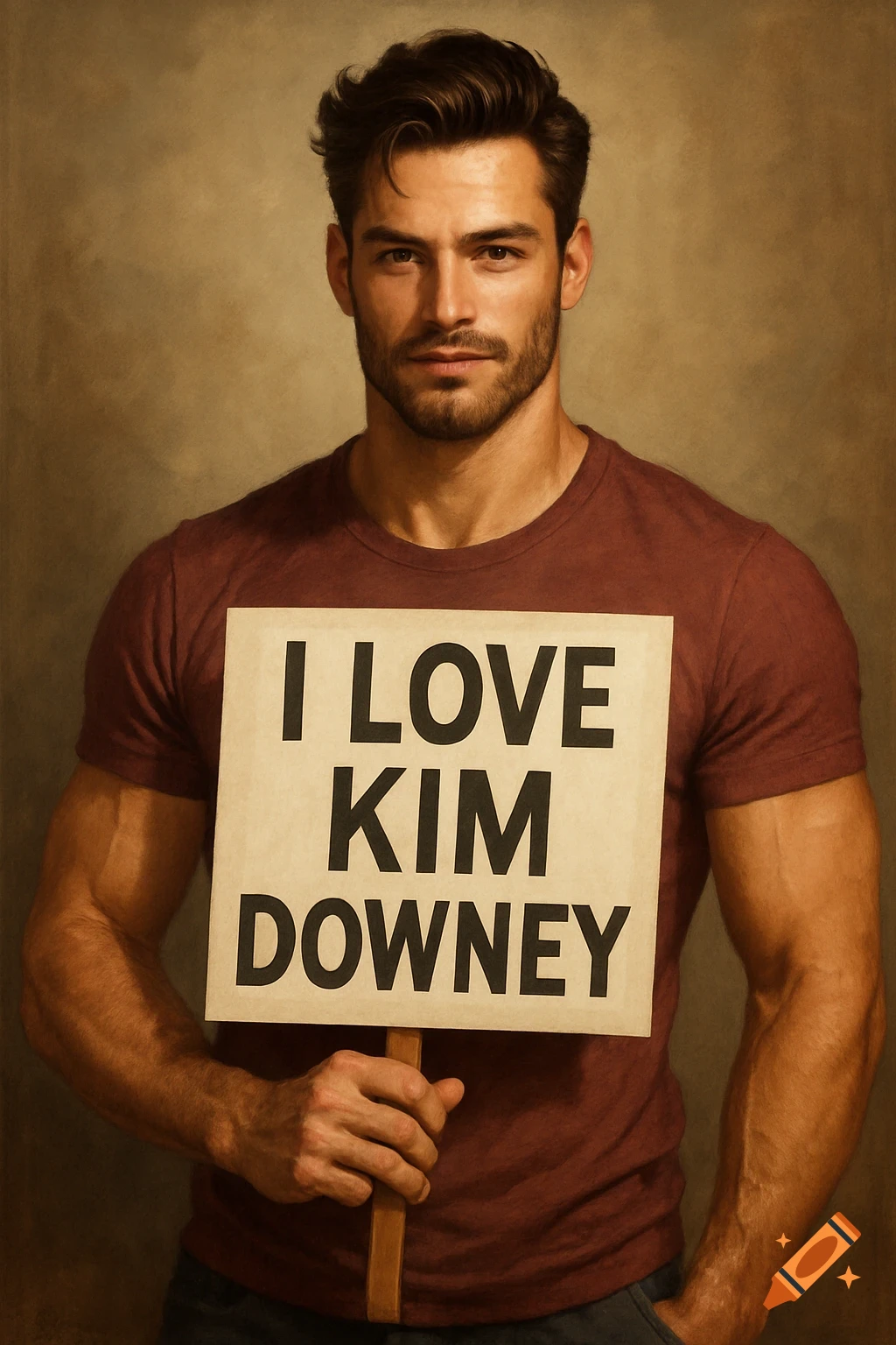 Portrait painting of a man in a maroon t-shirt holding a sign that says "I LOVE KIM DOWNEY".